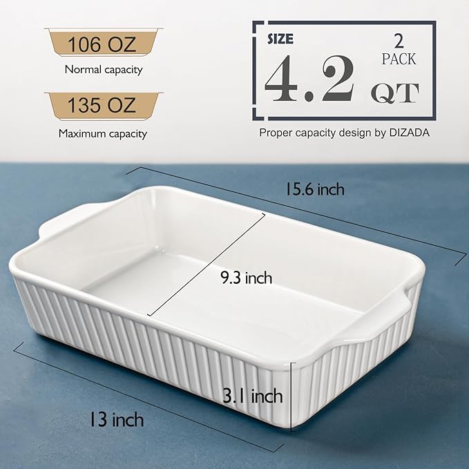 Casserole Dishes for Oven 9x13,2 Pack Ceramic Baking Dish Large & Deep,4.2 QT Casserole Dish Set with Handles Durable Bakeware for Lasagna, Roasts, Cake Cooking, Lasagna Pan Sets Nonstick-Microwave Safe