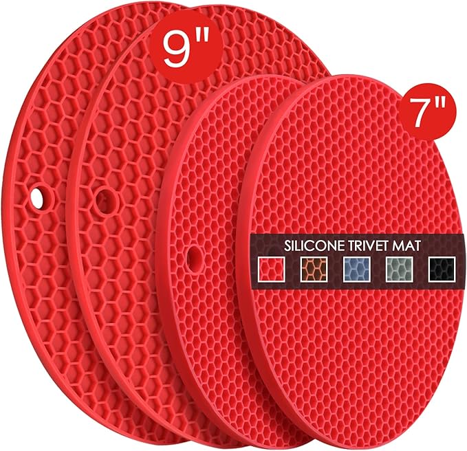 Silicone Trivets for Hot Pots and Pans - 4PCS Heat Resistant Oversized Silicone Pot Holders Hot Pads for Kitchen, Multipurpose Round Trivet Mat, Spoon Holder & Jar Opener, Drying Mat(Red)