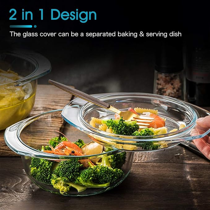 ZYER Round Glass Casserole Dish With Glass Lid,Covered Glass Bakeware Easy Grab Glass Microwave Bowls with Glass Lid (2.5L)