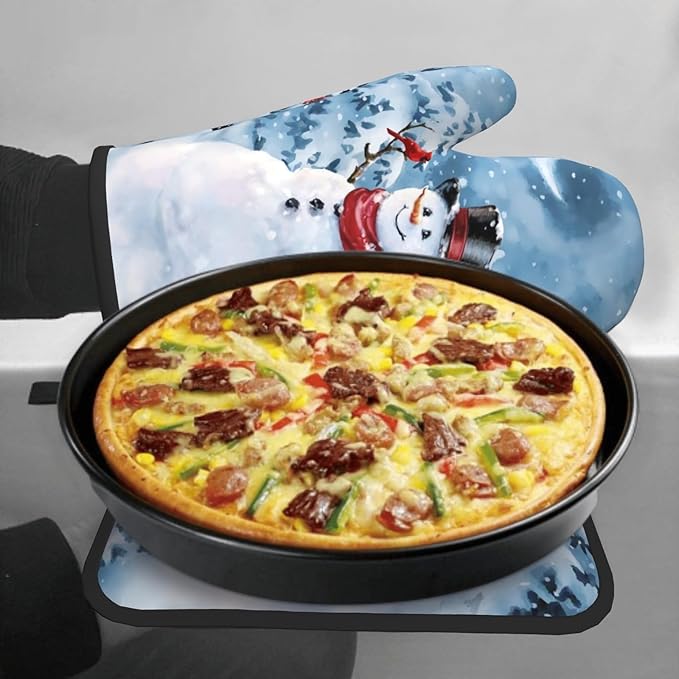 Blue Snowman Oven Mitts and Pot Holder Set of 2 Winter Snow Kitchen Gloves Potholders Heat Resistant for Chef Baking Cooking Grilling BBQ