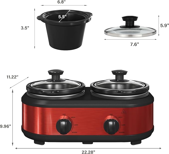 Double Slow Cooker, 2 x 1.25 QT Portable Small Dual Crock Cooker, Buffet Servers and Warmers Dishwasher Safe, Removable Ceramic Pot Glass Lid, Stainless Steel Red