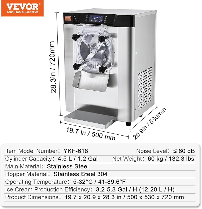 VEVOR Commercial Ice Cream Machine, 12 L/H Yield, 1713W Single Flavor Countertop Hard Serve Ice Cream Maker, 4.5L Stainless Steel Cylinder, LED Panel Auto Clean Pre-cooling, for Restaurant Snack Bars