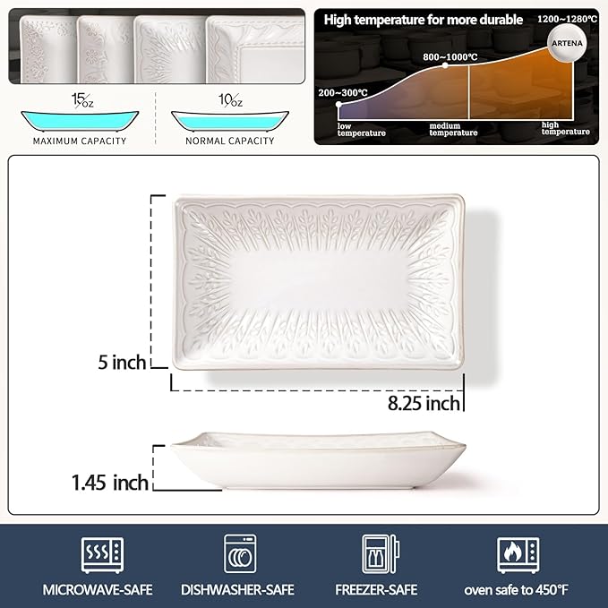 Artena Ceramic 8.25 Inch Rectangle Salad Plates Set of 4 - Deep Plates for Appetizer, Dessert, Dinner, Sushi, Snack, Pasta, Serving - Microwave Safe with Embossed Rim Design (Wheat Leaf)