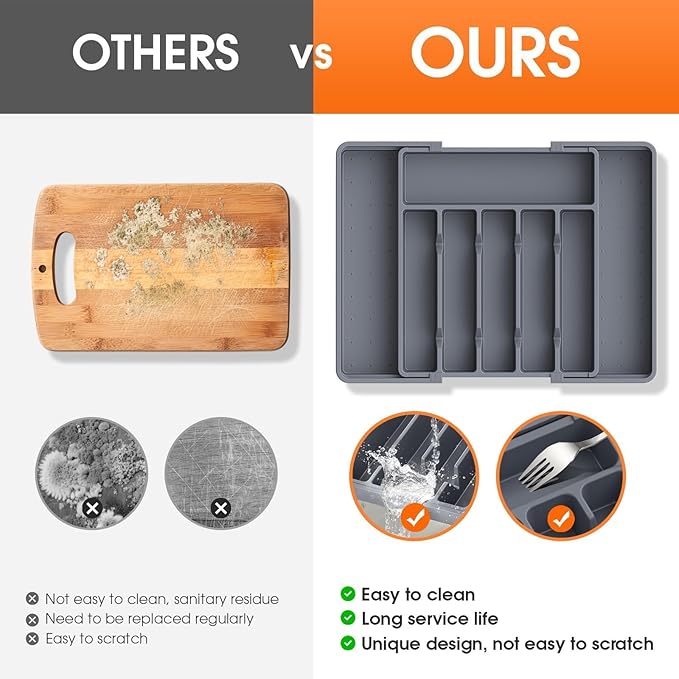 Silverware Organizer,Adjustable & Expandable Utensil Drawer Organizer, BPA Free Utensil Holder, Cutlery Tray for Forks, Spoons, Knives in Kitchen, Large, Grey