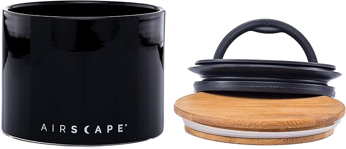 AirScape Planetary Design Ceramic Coffee and Food Storage Canister – Small 4-inch – US Patented Airtight Inner Lid – Black with Bamboo Top