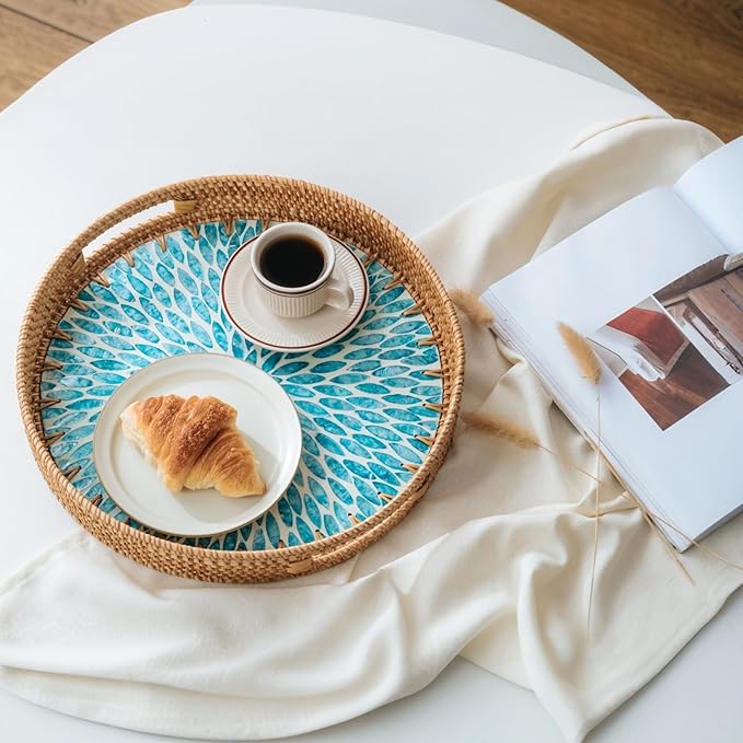 13.8 in Round Rattan Serving Tray with Handle, Mother of Pearl Inlay Wooden Base, Decorative Wicker for Table, Kitchen Island & Home Decor (Blue Leaf)