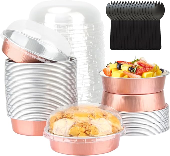 LNYZQUS 8oz Mini Cake Pans with Lids 50 Pack, 4” Disposable Small Pie Pans Aluminum Foil Baking Tins Ramekins,Small Baking Pans Muffin Containers Holders for Wedding Party-Champagne