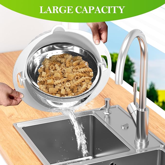 4-1 Colander with Bowl Set - Colander for Kitchen - Strainers and Colanders - Pasta Strainer - Fun Kitchen Presents - Rice Strainer Fruit Cleaner Veggie Wash Cooking Presents, White