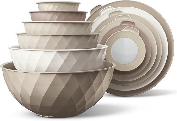 COOK WITH COLOR Mixing Bowls with Lids - 12 Piece Plastic Nesting Bowls Set includes 6 Prep Bowls and 6 Lids, Diamond Design - Microwave Safe