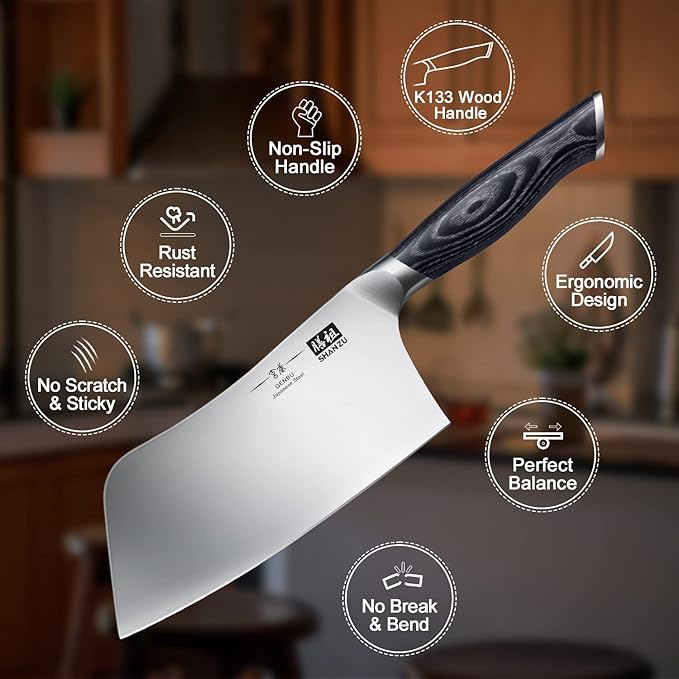 SHAN ZU 7 Inch Chef Knife, Sharp Meat Cleaver Knife Vegetable Chopper Professional Japanese High Carbon Stainless Steel Kitchen Chopping Knife with K133 Wood Handle, Black Tortoise Genbu Series