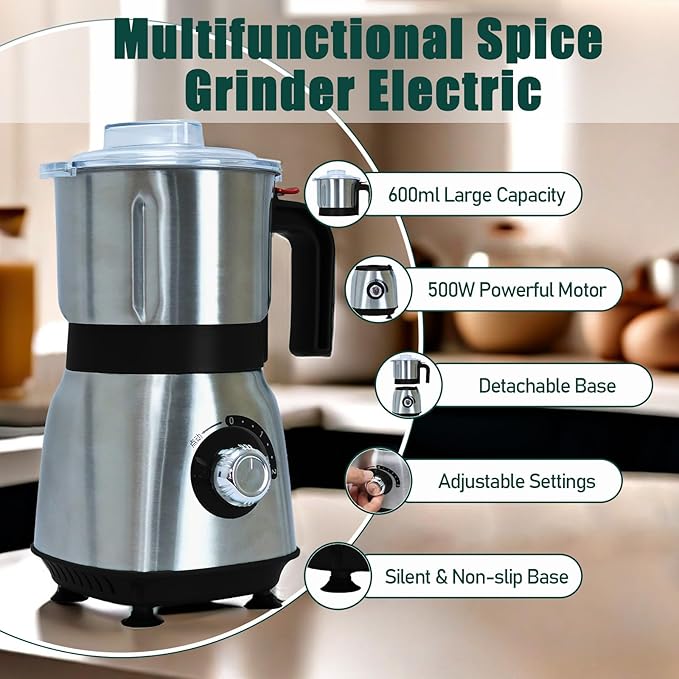 Grain Grinde For Kitchen, Electric Dry Spice Grinders Comes With 3 Removable Stainless Steel Blades, 500w Herb Grinder Suitable For Grinding Spices, Coffee Beans, Grains, Nuts (Black)