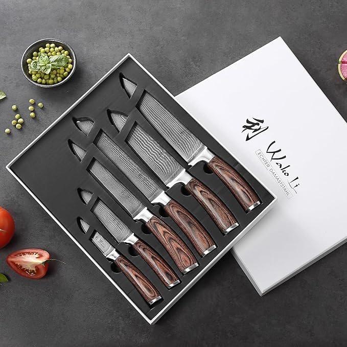 Wakoli EDIB 6-Piece Damascus Knife Set – Complete Japanese Style Kitchen Knives Collection | Genuine Damascus Steel Blades with VG10 Core | Ergonomic Pakkawood Handles | Professional Knife Gift Set