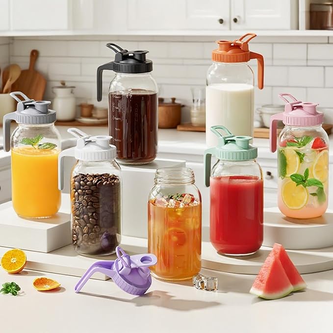 64 oz Mason Jar Pour Spout, 2 Quart Glass Water Pitcher with Lid, Airtight Seal for Great for Iced Tea,Juice,Milk,Coffee,Sun Lemonade, Set of 1(Black)