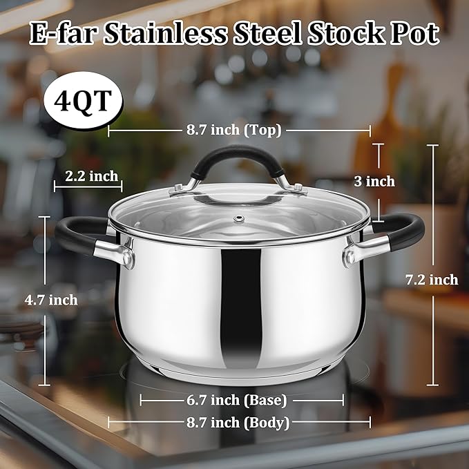 E-far 4 Quart Stockpot, Stainless Steel Pot with Visible Lid for Cooking Soup Pasta, Tri-Ply Thick Base for Induction Gas, Small Cooking Pot with Dual Heat Proof Handles, Non-Toxic & Dishwasher Safe