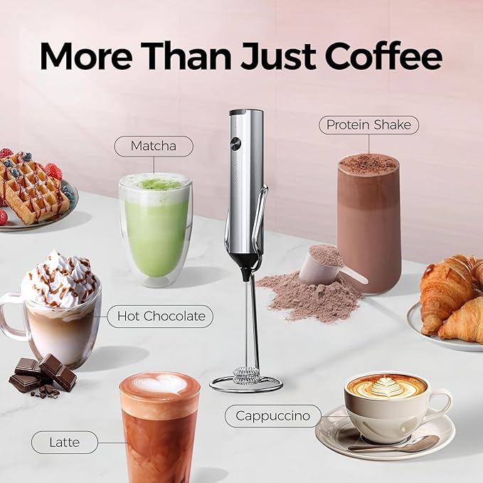 YARRAMATE Rechargeable Milk Frother Wand Handheld With Stand, 3 Speed Adjustable Drink Mixer with 2 Whisks, Stainless Steel Electric Stirrer for Coffee, Lattes, Protein Shakes, Matcha, Egg