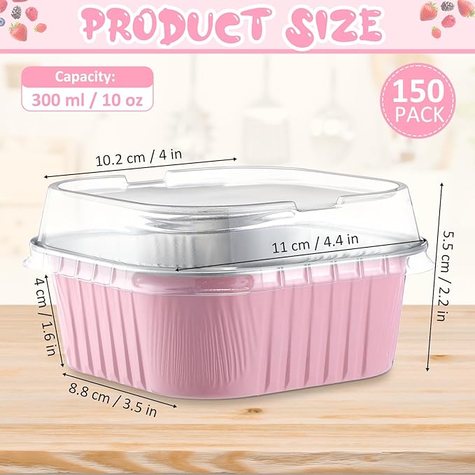 Aoriher 150 Pieces 10 oz Mini Cake Pans with Lids Aluminum Foil Baking Cups Square Disposable 4" x 4" Large Cupcake Cups Baking Tins for Kitchen Brownie Pudding Desserts Holders(Pink)
