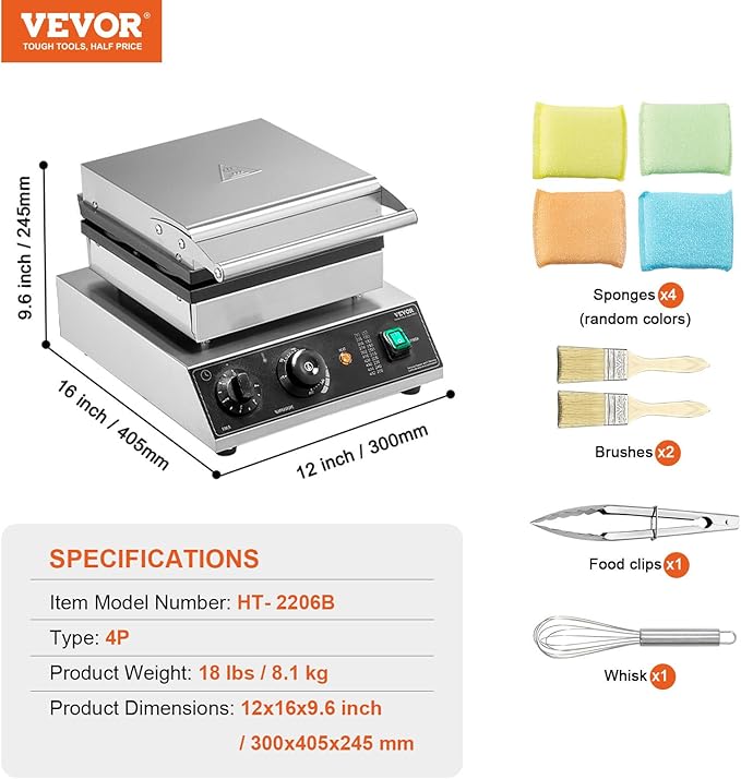 VEVOR Commercial Waffle Maker, 4PCS Round Waffle Baker Machine,1750W Non-Stick Stainless Steel Belgian Waffle Iron with Temperature and Time Control, for Restaurant Bakery Snack Bar Family