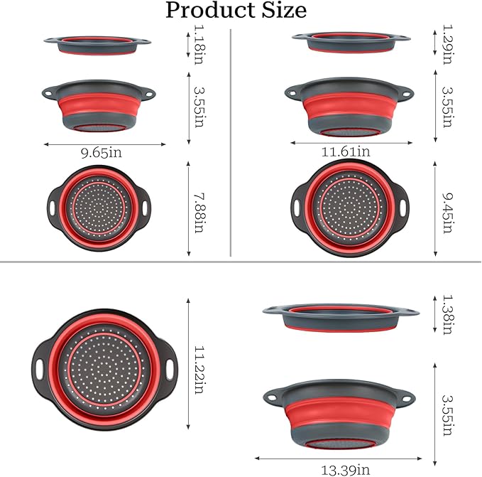 Collapsible Colander 3-Pack Set Space-Saving Foldable Kitchen Strainer with Non-Slip Base Durable Thickened PP+TPE Collapsible Strainers for Pasta, Vegetables, Fruits (Gray-Red)
