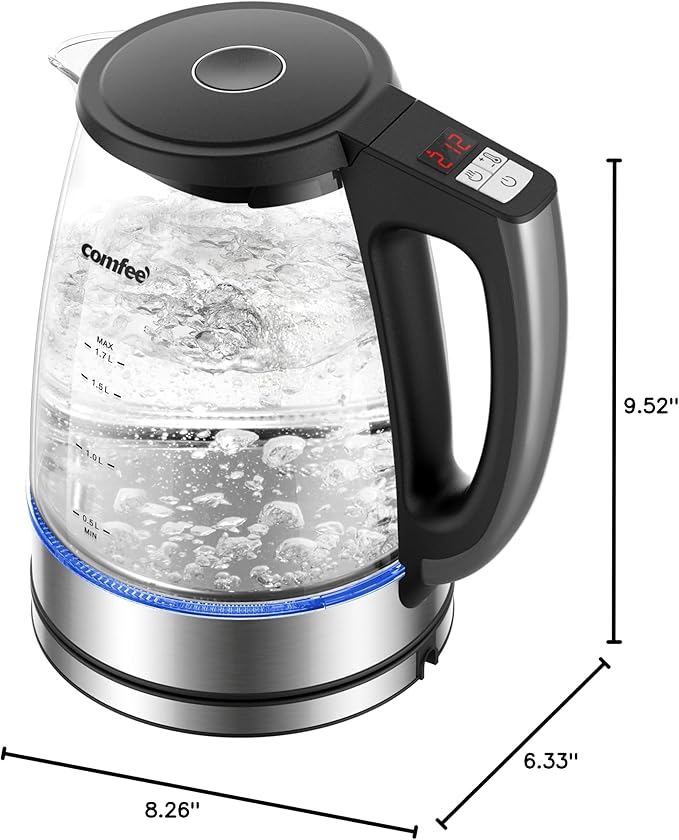COMFEE' 1.7L Glass Tea Kettle and Kettle Water Boiler - Electric Kettle Temperature Control with 6 Presets, 2-Hr Keep Warm, Fast Heating, 304 Stainless Steel, Auto-Off and Boil-Dry Protection