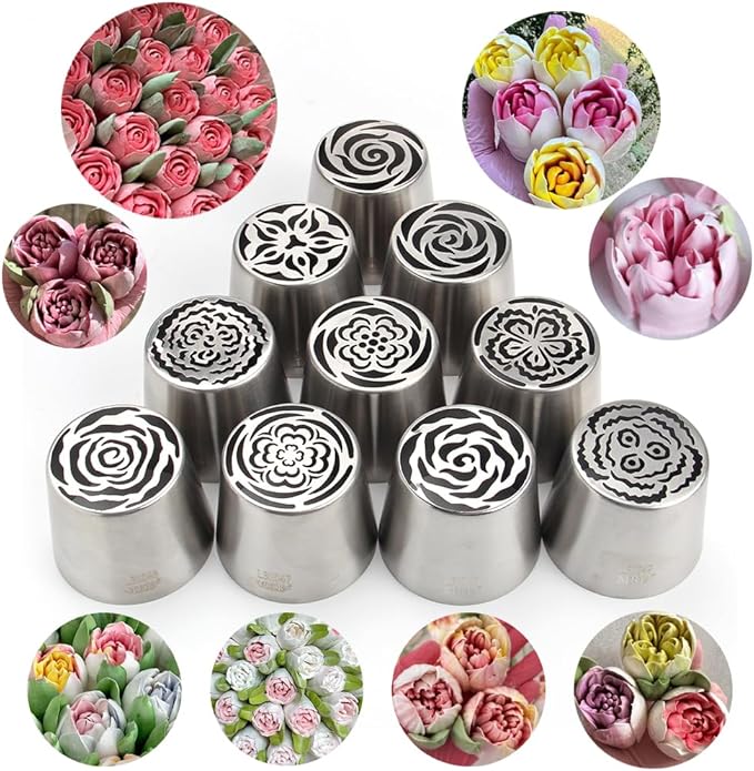 10 Pieces Extra Large Stainless Steel Seamless Russian Flower Piping Tips Kit for Marshmallow Bouquet,Cake Decorating Floral Icing Nozzles Set, 10 Icing Nozzles with 1 Clean Brush,1 Pastry Bag(XXL,A)
