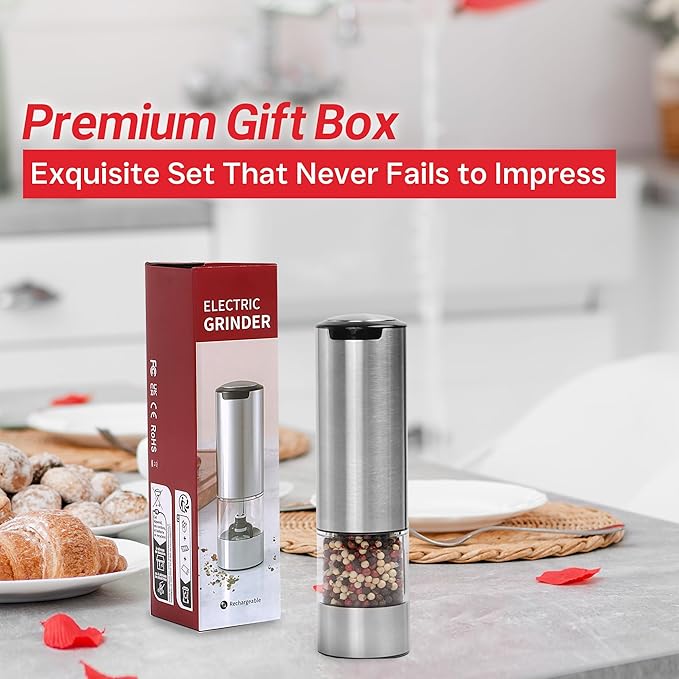 Electric Salt and Pepper Grinder – Automatic One-Handed Operation, Rechargeable Stainless Steel Mills, LED Light, 5-Level Adjustable Coarseness