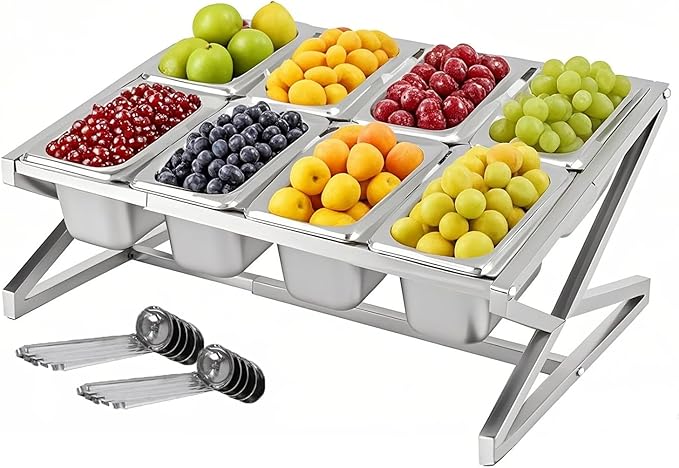 Two Tier Adjustable Stainless Steel Spice Organizer Set of 10 Pots with Spoons Commercial Kitchen Spice Rack Sauce Rack Buffet Counter Milk Tea Shop Multifunctional Shelf (Double Slant)