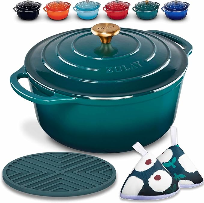 Zulay Kitchen 5 Quart Enameled Cast Iron Dutch Oven with Lid,Silicone Trivet & Heat Pad – Premium Durability & Oven Safe up to 500°F – Heavy Duty Cookware Perfect for Bread Baking, Stews, Braising & Roasting – Emerald