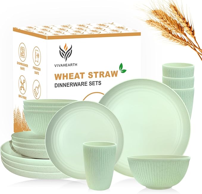 Wheat Straw Dishes Set for 4, Dinnerware Sets 16 piece, Unbreakable Plates, Bowls, Cups Sets for Kitchen Parties Camping RV - Green