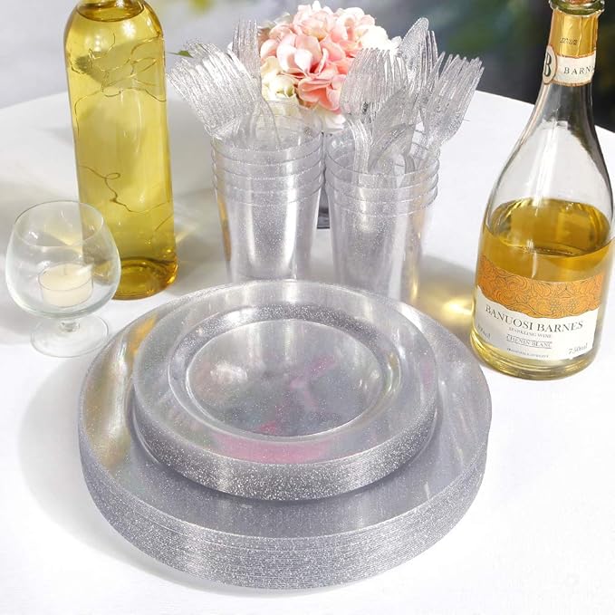WDF 120PCS Silver Plastic Plates- Disposable Silver Glitter Plates, Premium Heavy Duty 60-10.25" Dinner Plates and 60-7.5" Salad Plates for Parties &Wedding
