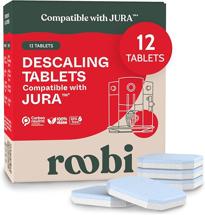 Roobi Jura Compatible Descaling Tablets. 12 Jura Descaling Tablets for Automatic Espresso Coffee Machines. 100% Vegan, Carbon Neutral.