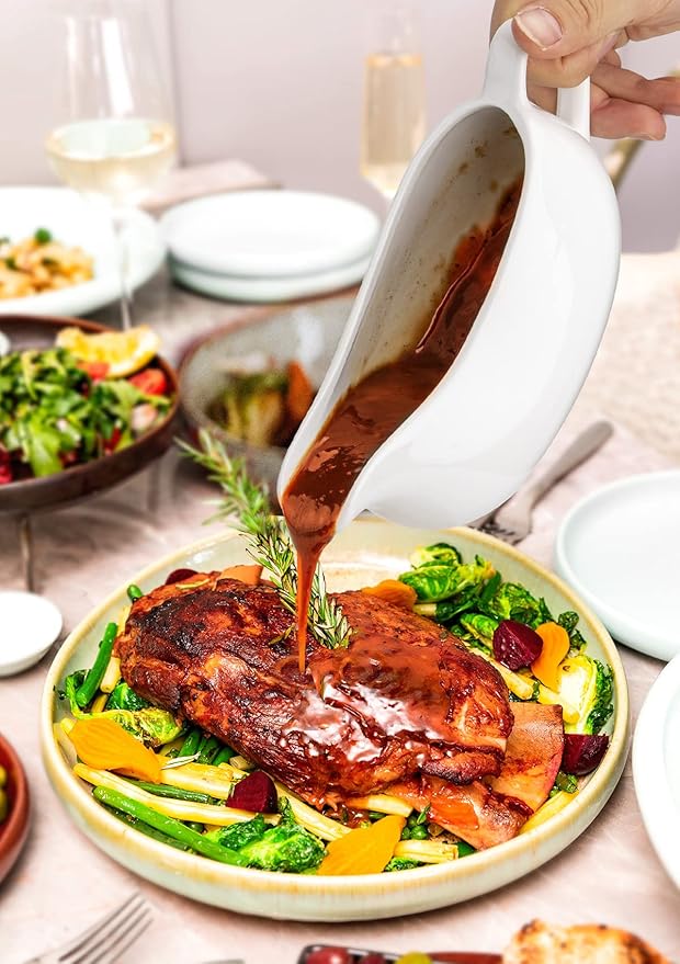 Nucookery Large 17 Oz Gravy Boat with Ergonomic Handle, White Fine Porcelain Saucier with Big Dripless Lip Spout, Bowl For Thanksgiving, Warming Sauces, Salad Dressings, Milk, Microwave & Freezer Safe