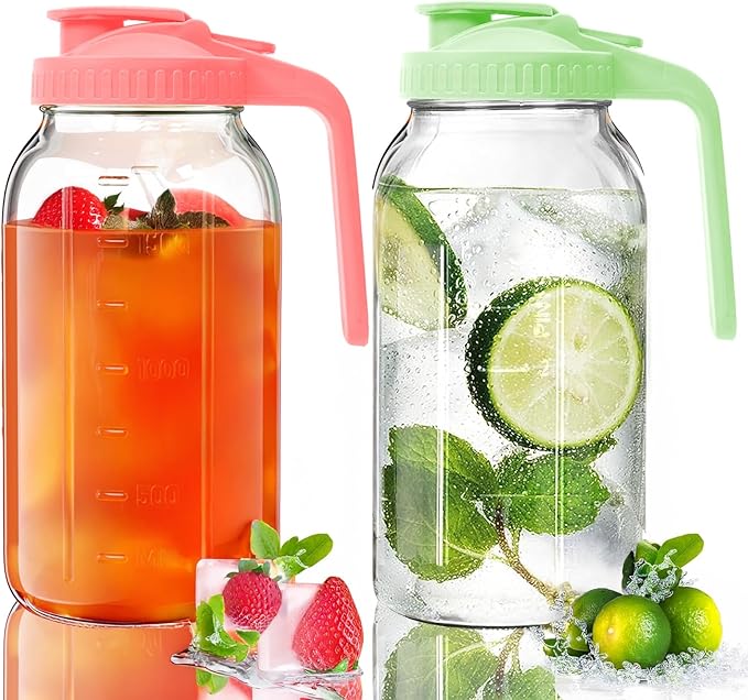 2 Pack Glass Mason Jar Pitcher - 64 oz/2 Quart Wide Mouth Jug with Lid and Pour Spout, Airtight Seal, Leak Proof Iced Tea Pitcher for Sun Tea, Juice, Breast Milk, Cold Beverages, Coffe