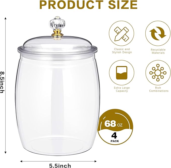 4 Pcs Clear Plastic Candy Jars with Lids, 1/2 Gallon (68oz) Airtight Cookie Containers – Large Apothecary Canisters for Snacks, Wedding Buffet, Kitchen, Home & Bar Décor Halloween Candy Jar