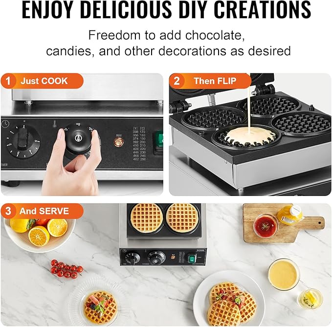 VEVOR Commercial Waffle Maker, 4PCS Round Waffle Baker Machine,1750W Non-Stick Stainless Steel Belgian Waffle Iron with Temperature and Time Control, for Restaurant Bakery Snack Bar Family