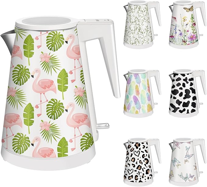 1.2L Double Wall Stainless Steel Interior Water Boiler, Cordless, 1000W Fast Boil with LED Light Coffee Pot & Tea Electric Kettle, Auto Shut-Off and Boil-Dry Protection (Flamingo)