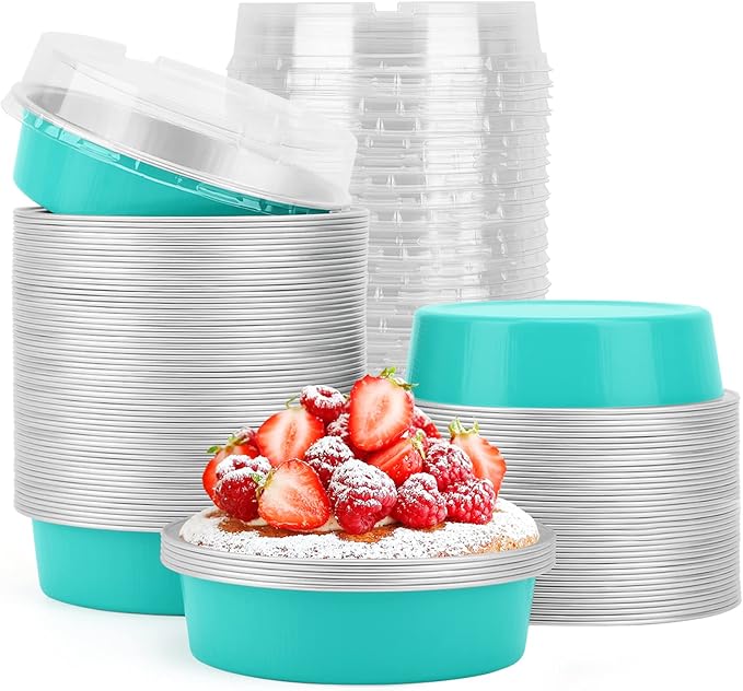 Beasea Mini Pie Pans with Lids, 4 Inch 100 Pack Disposable Cake Pans, 8 Oz Elegant Blue Aluminum Pie Pan Tin Round Disposable Tin Tart Pans Mini Cheesecake Pan for Pie Tart Quiche