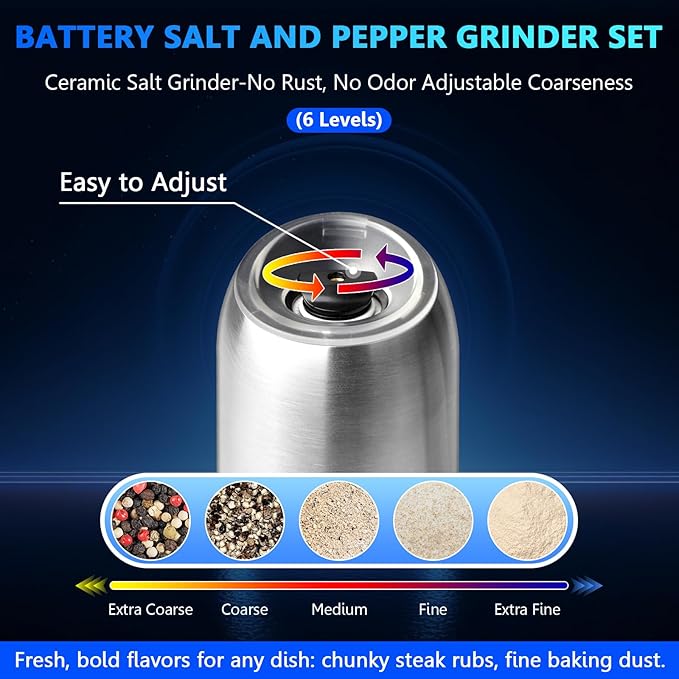 BoAn Gravity Electric Salt and Pepper Grinder Set, Stainless Steel Electric Pepper Grinder, Refillable Spice Mill,Large Chamber,Ceramic Rotor,Adjustable Coarseness, LED for Kitchen & Gourmet Cooking