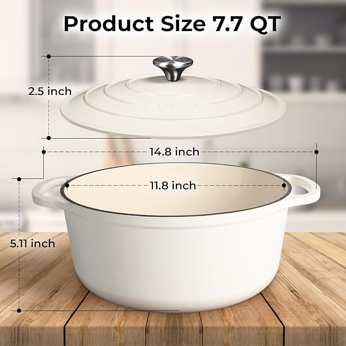 Zulay Kitchen 7.7 Quart Enameled Cast Iron Dutch Oven with Lid, Silicone Trivet & Heat Pad – Premium Durability & Oven Safe up to 500°F – Heavy Duty Cookware Perfect for Bread Baking, Stews, Braising & Roasting – White