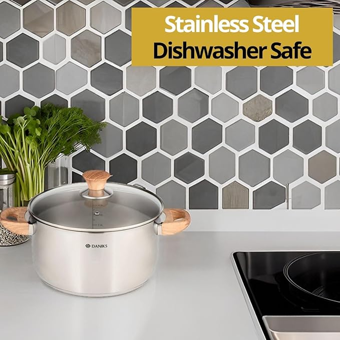 Daniks Oslo 10-Piece Stainless Steel Induction Cookware Set – Dishwasher Safe Saucepan, Frying Pan, Pots with Stay-Cool Handles, Glass Lids, Silver