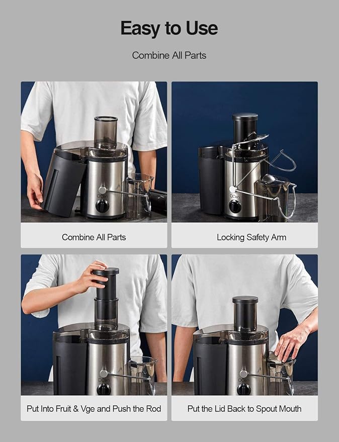 QCen Juicer Machine, 500W Centrifugal Juicer Extractor with Wide Mouth 3” Feed Chute for Fruit Vegetable, Easy to Clean, Stainless Steel, BPA-free (Black)