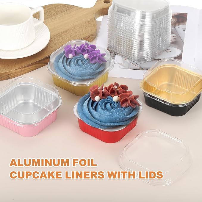 HARFINGTON 40Pack 10oz Disposable Mini Cake Pans with Lids & Spoons Black Gold Aluminum Foil Square Baking Cupcake Dessert Cups Tin for Birthday Party