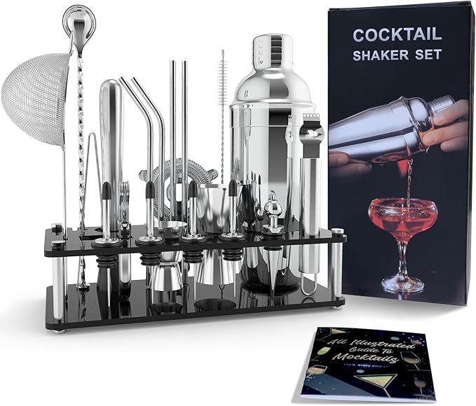 Cocktail Shaker Set with Stand, 22-Piece Bartender Kit with 17 Recipe, Stainless Steel Bar Accessories for Drink Mixing, Bar, Home, Lounge, Party, Newbie Friendly, Gift Set