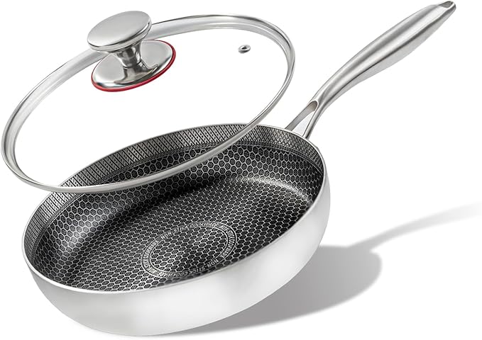 9 inch stainless steel frying pan with lid, hybrid non-stick skillet for induction, oven, broiler & dishwasher, non-toxic chef's pan, pfoa-free cookware