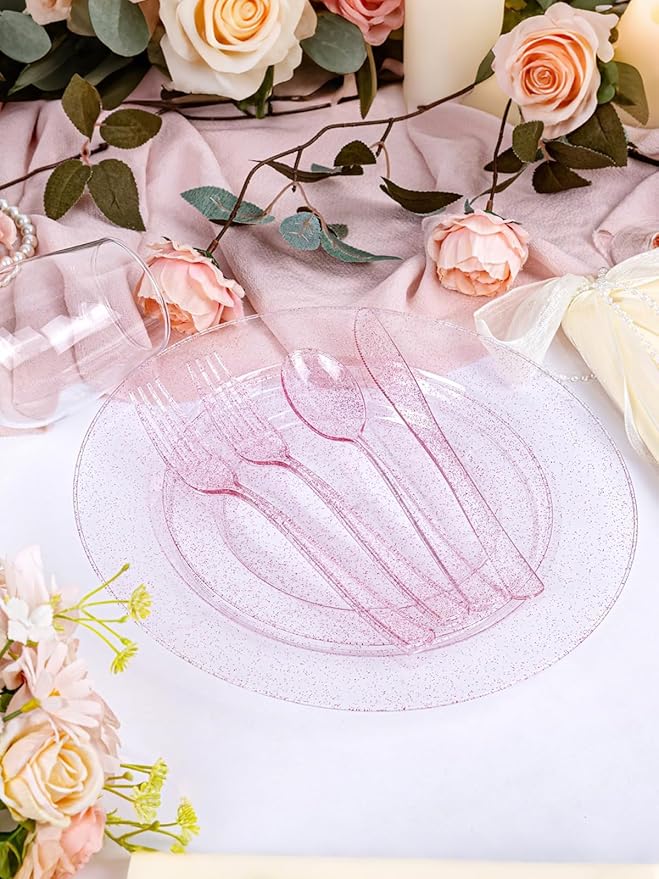 WDF 200PCS Pink Plastic Plates - Rose Gold Glitter Plastic Plates - Heavy Duty Pink Glitter Disposable Plates - Include 100 Dinner Plates 10" and 100 Dessert Plates 7" for Parties/Wedding