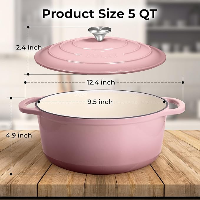 Zulay Kitchen 5 Quart Enameled Cast Iron Dutch Oven with Lid,Silicone Trivet & Heat Pad – Premium Durability & Oven Safe up to 500°F – Heavy Duty Cookware Perfect for Bread Baking, Stews, Braising & Roasting – Pink