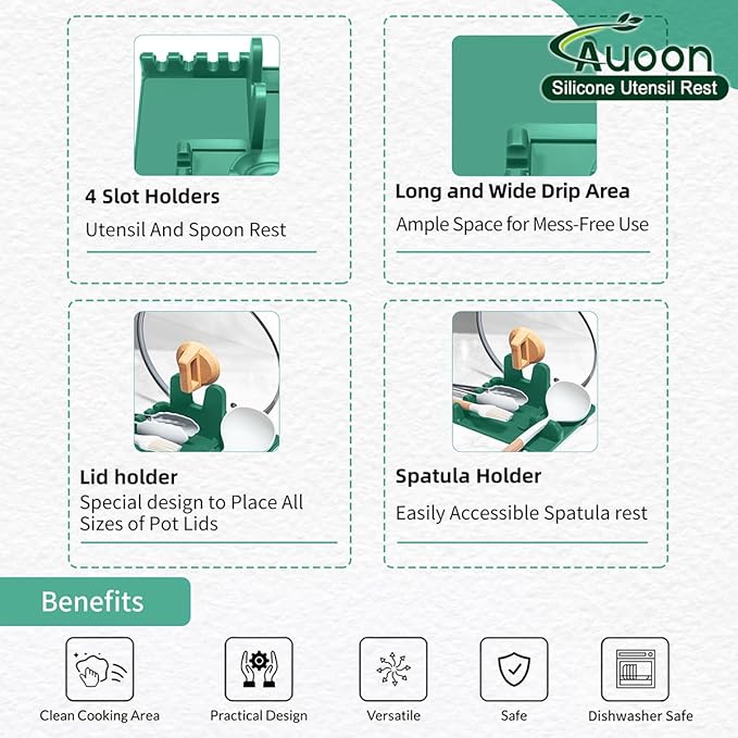 AUOON Spoon Holder for Stove - Silicone Spoon and Lid Rest with Drip Pad Kitchen Utensil Rest for Spoons, Ladles, Spatulas, Tongs & More (Sea Blue, Large)