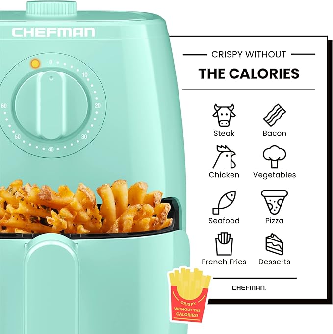 Chefman TurboFry 2-Quart Air Fryer, Dishwasher Safe Basket & Tray, Use Little to No Oil For Healthy Food, 60 Minute Timer, Fry Healthier Meals Fast, Heat And Power Indicator Light, Temp Control, Mint