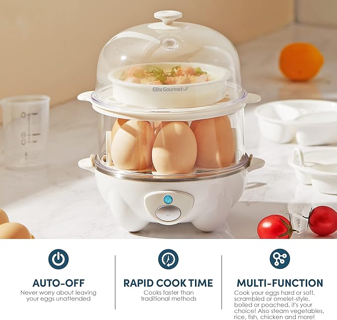 Elite Gourmet EGC1405W 2-Tiered Rapid Egg Cooker, 5-Egg Poacher, Omelets, Soft, Medium, Hard-Boiled Eggs with Auto Shut-Off and Buzzer, BPA Free, 14 eggs, White
