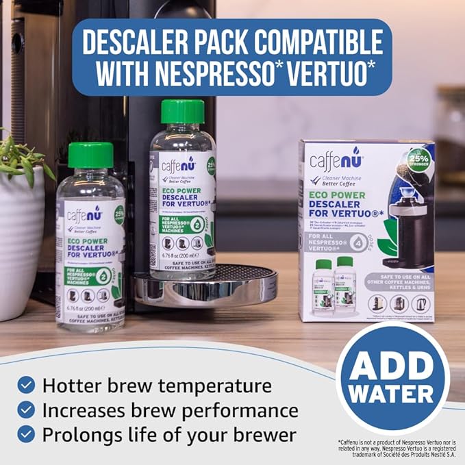 Nespresso Compatible Descaling Kit. 2 Bottles of Vertuo Descaler Solution. Removes Limescale For Hotter Coffee. 4 Uses Descaler For Nespresso Vertuo Coffee Machines.