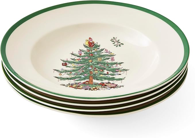 Spode Christmas Tree 9" Soup Plate (Set of 4) - Stoneware Soup Bowls with Festive Tree Design & Green Rim, Ideal for Serving Soup, Pasta, Salad - Microwave & Dishwasher Safe Holiday Dinnerware